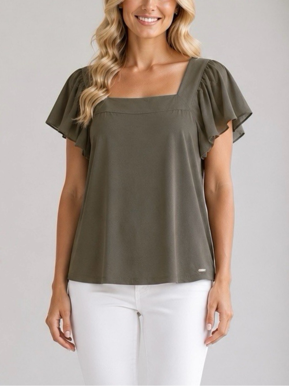 Calvin Klein Flutter-Sleeve Square Neckline Olive Top; Great Condition, Sz.S